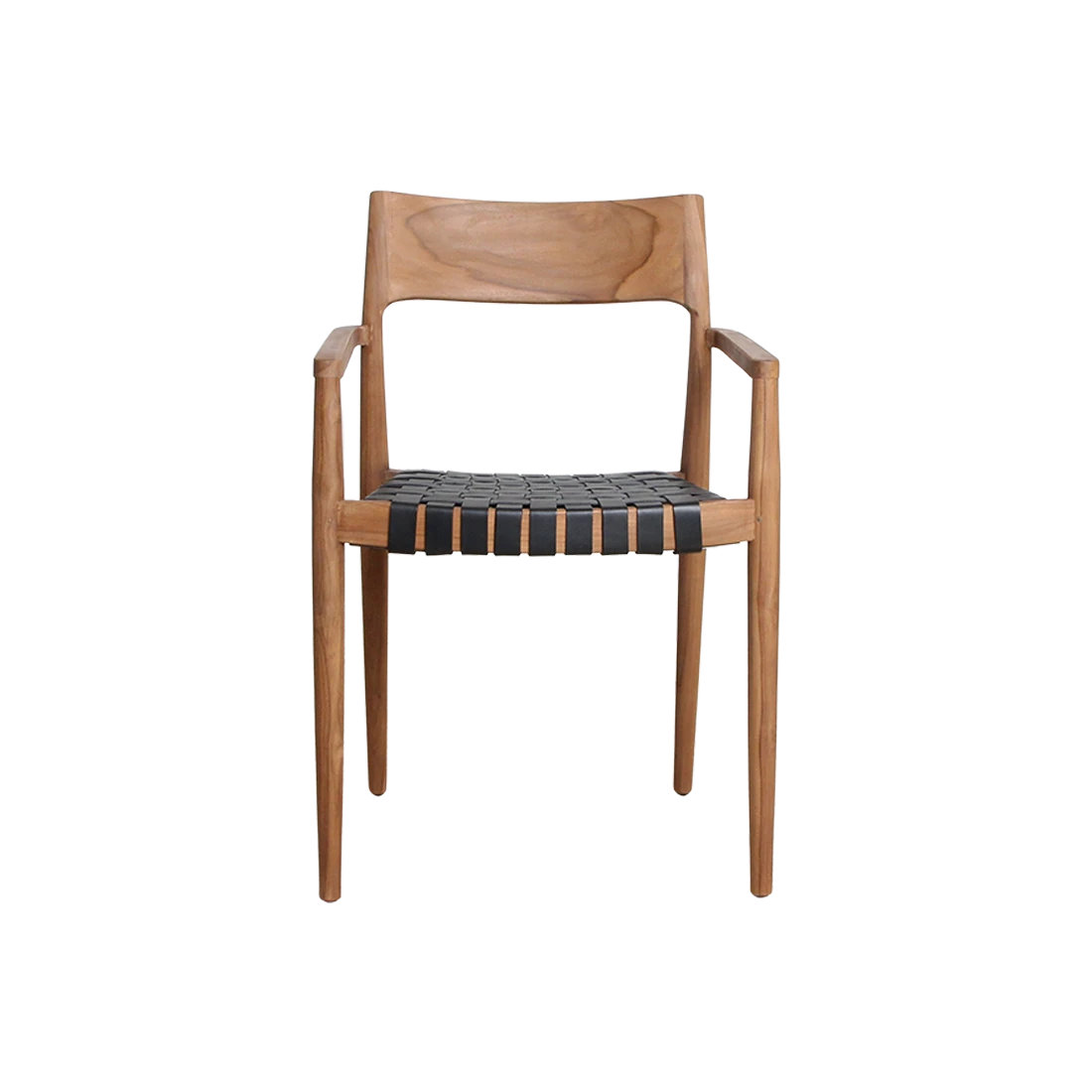 Kayu Living Freya dining chair with armrests, natural teak wood frame and black leather woven seat. Modern Scandinavian design.