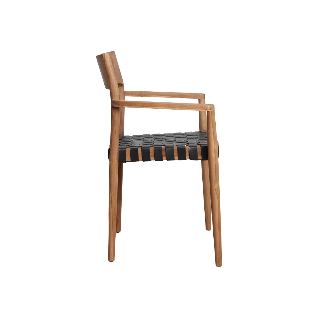 Kayu Living Freya dining chair with armrests, natural teak wood frame and black woven leather seat. Modern Scandinavian design.
