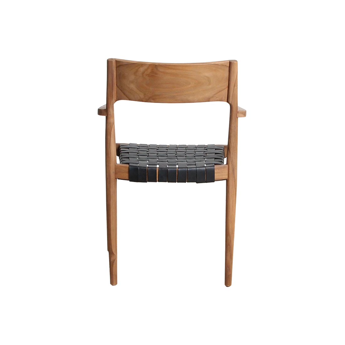 Kayu Living Freya dining chair with armrests in natural wood and black leather seat. Modern design.