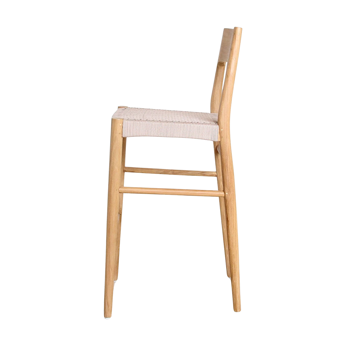 Kayu Living Freya bar stool in solid teak wood with a beige woven rope seat, shown from a side profile view.