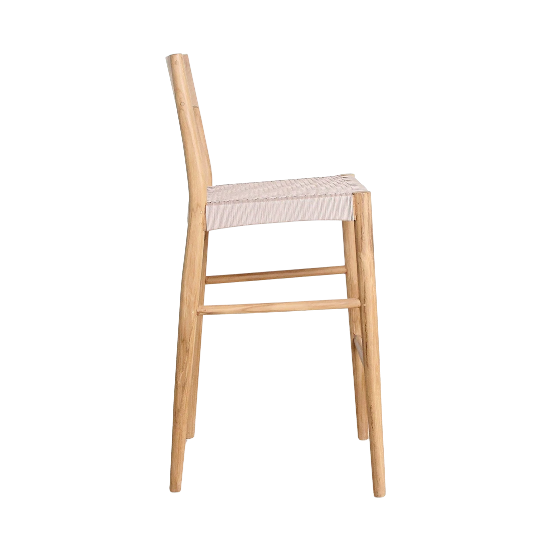 Kayu Living Freya bar stool in solid teak wood with a beige woven synthetic rope seat, side view.