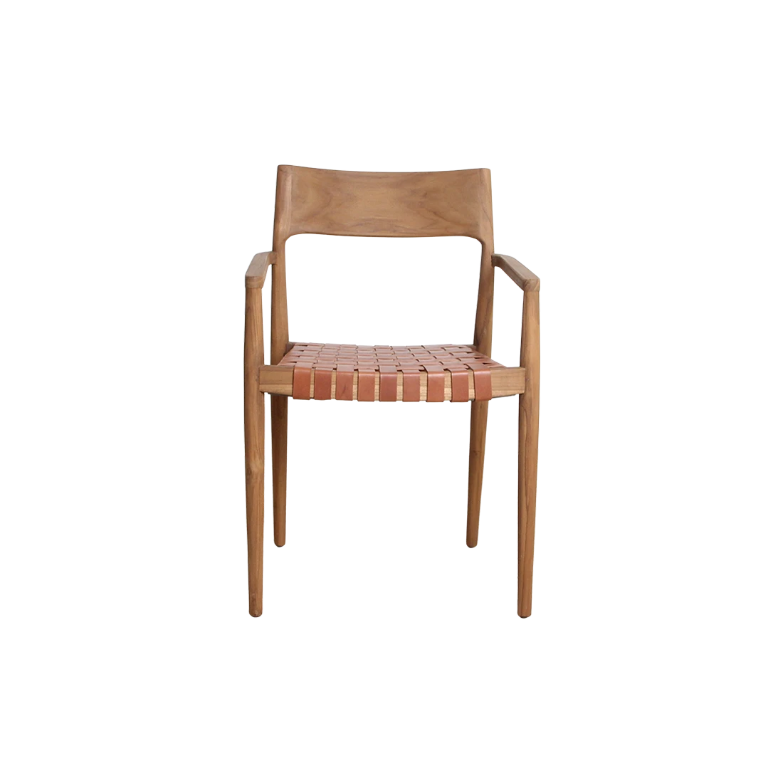 Kayu Living Freya brown teak dining chair with armrests and a woven leather seat for a modern Scandinavian look.
