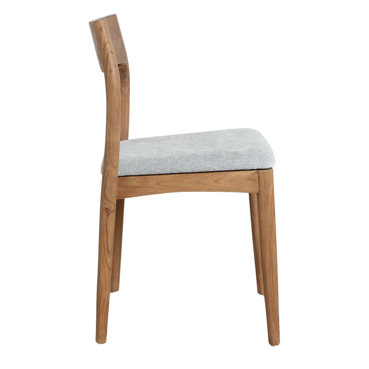 Kayu Living Freya teak dining chair with a light green fabric seat, shown from a side profile view.