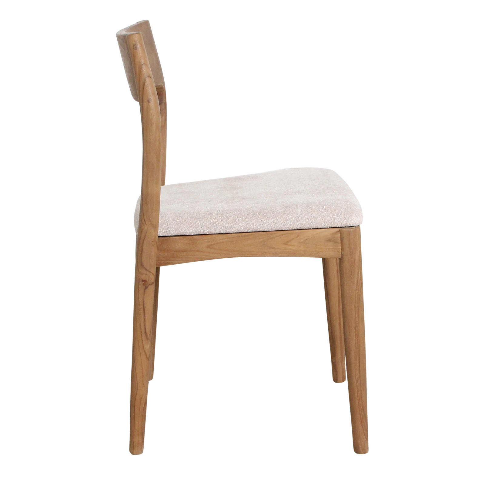 Kayu Living Freya dining chair in solid teak wood with a cream upholstered seat, side view.