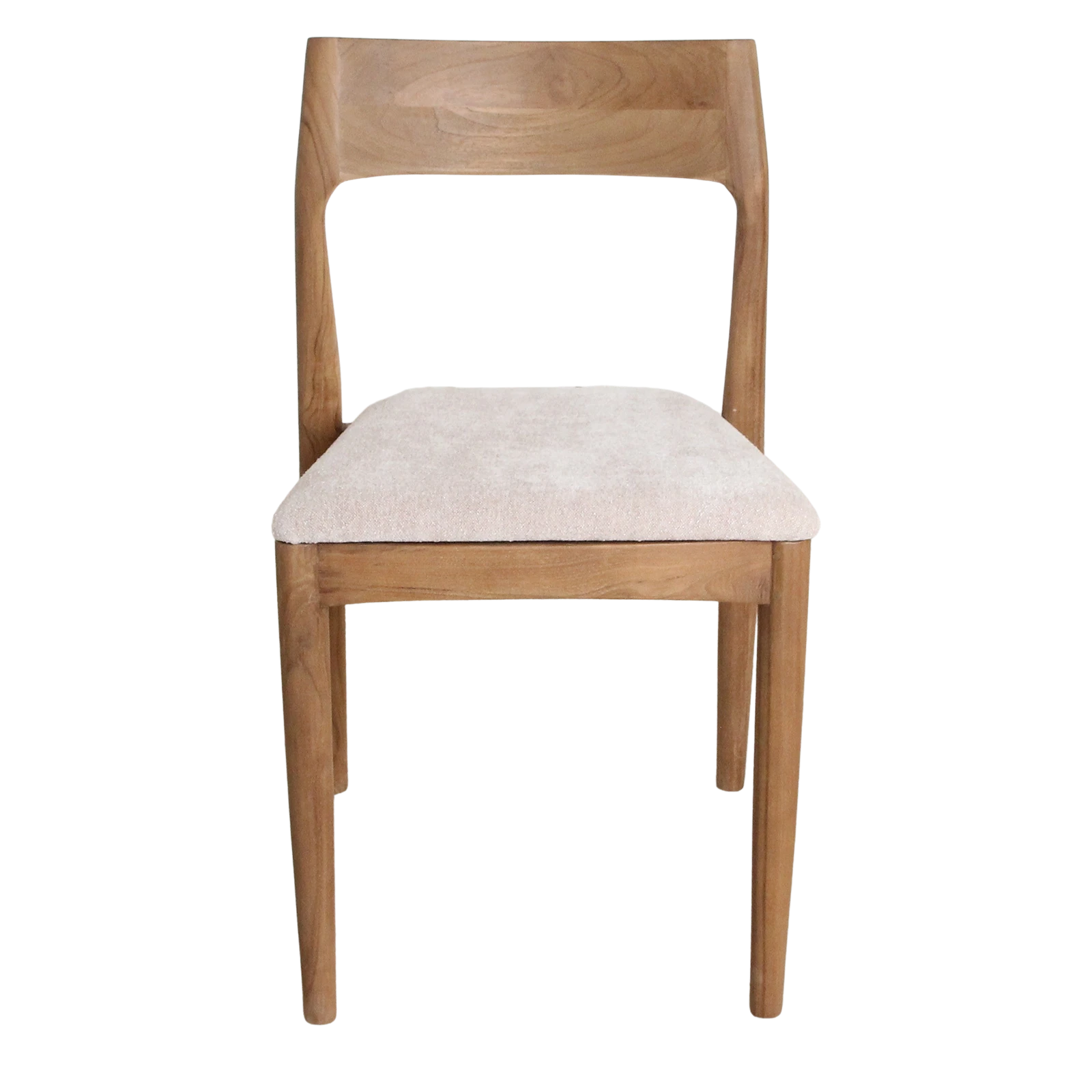 Kayu Living Freya solid teak dining chair with a cream upholstered seat and natural wood grain finish