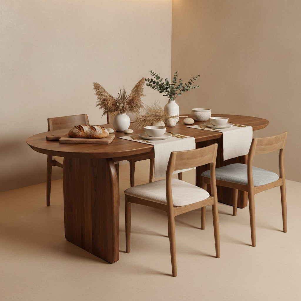 Kayu Living Freya teak dining chairs with cream upholstered seats arranged around a solid wood oval dining table.