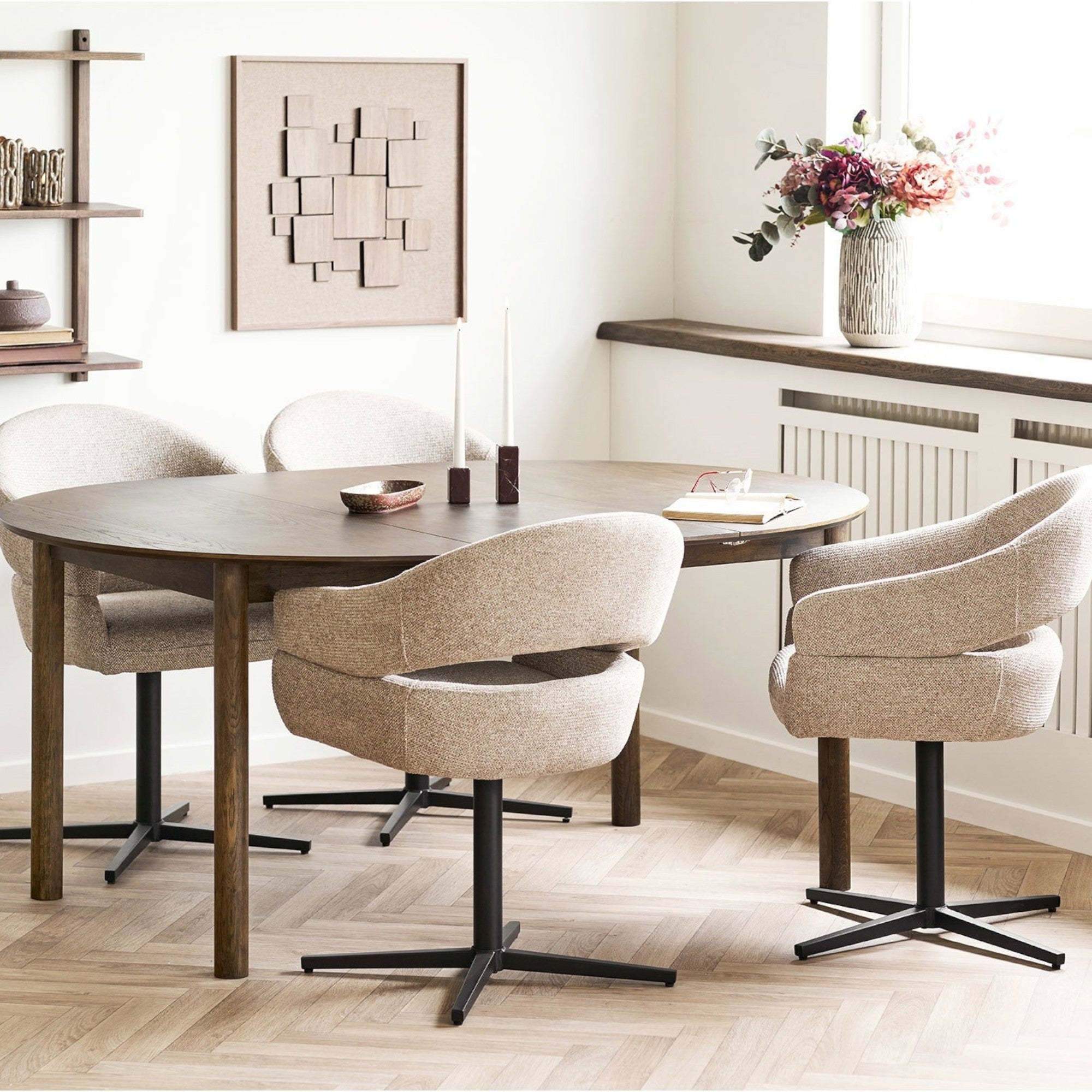 Kayu Living Gala Relief Wall Decoration in brown, square 60x60cm textured art piece displayed above a dining table.