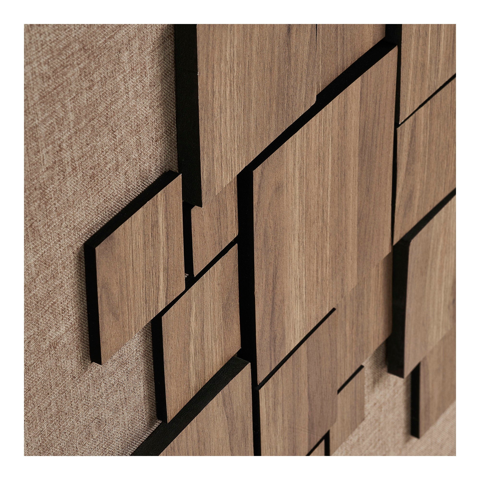 Kayu Living Gala brown relief wall art featuring layered square wooden panels on a textured fabric background.