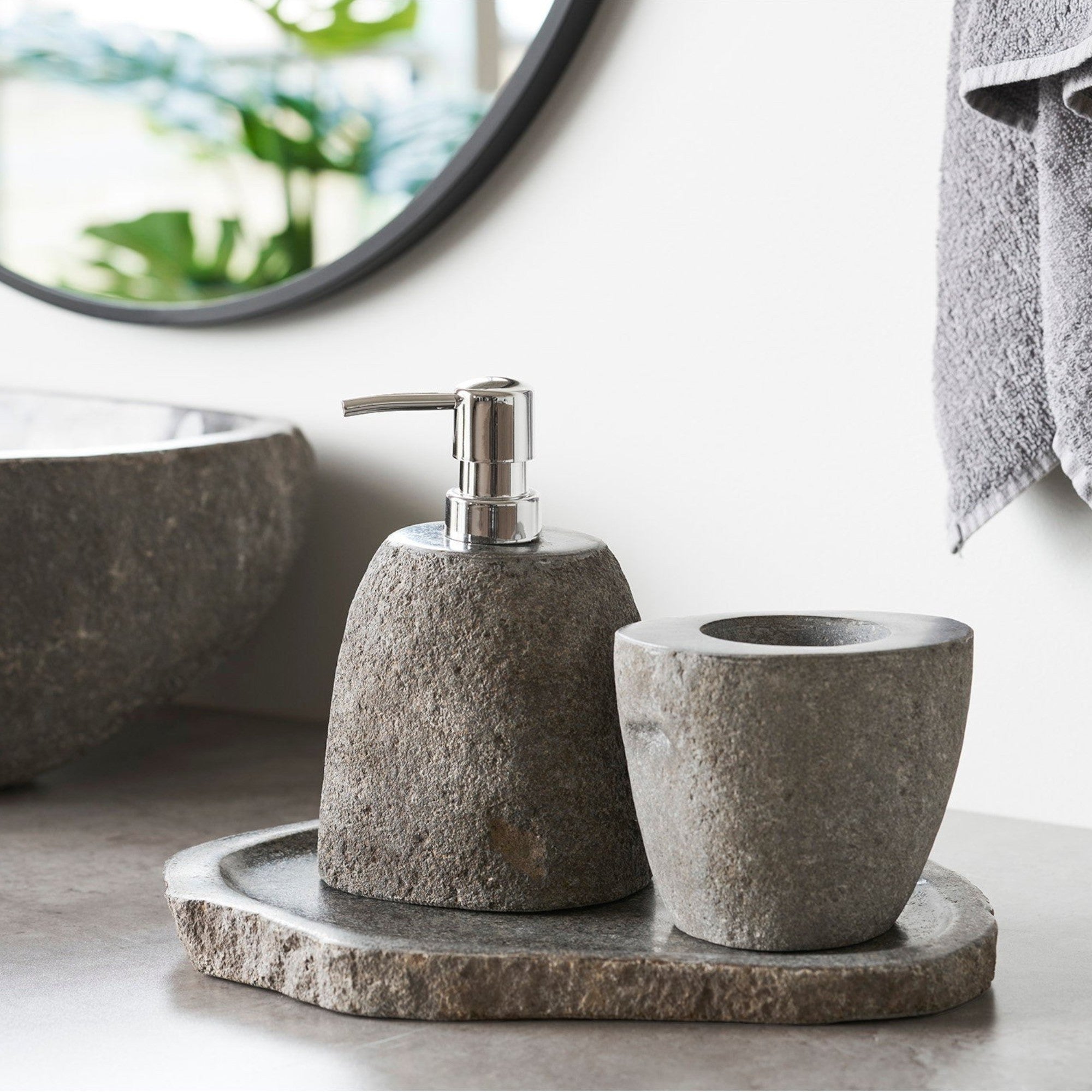 Kayu Living Gara three-piece bathroom set featuring a natural stone soap dispenser, storage cup, and matching tray.