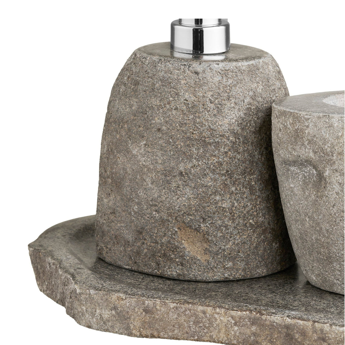 Kayu Living Gara three-piece bathroom set featuring a natural stone soap dispenser, storage cup, and matching tray.