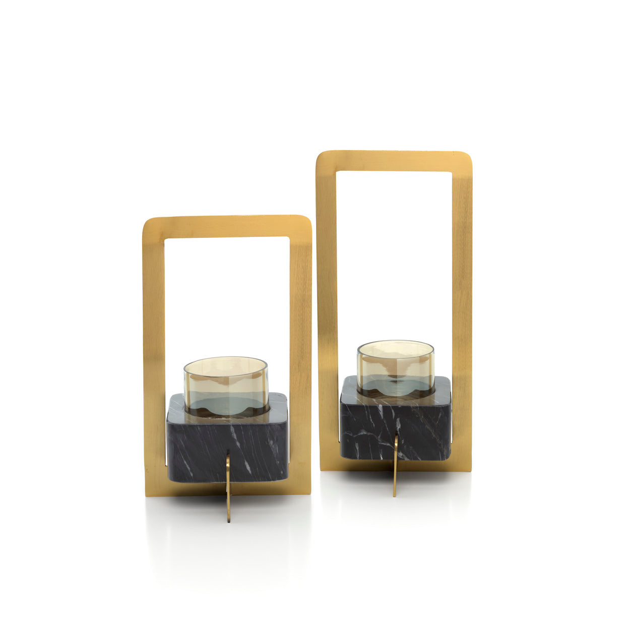 Kayu Living art-deco candle holders in gold brass and black marble with glass inserts, medium size.