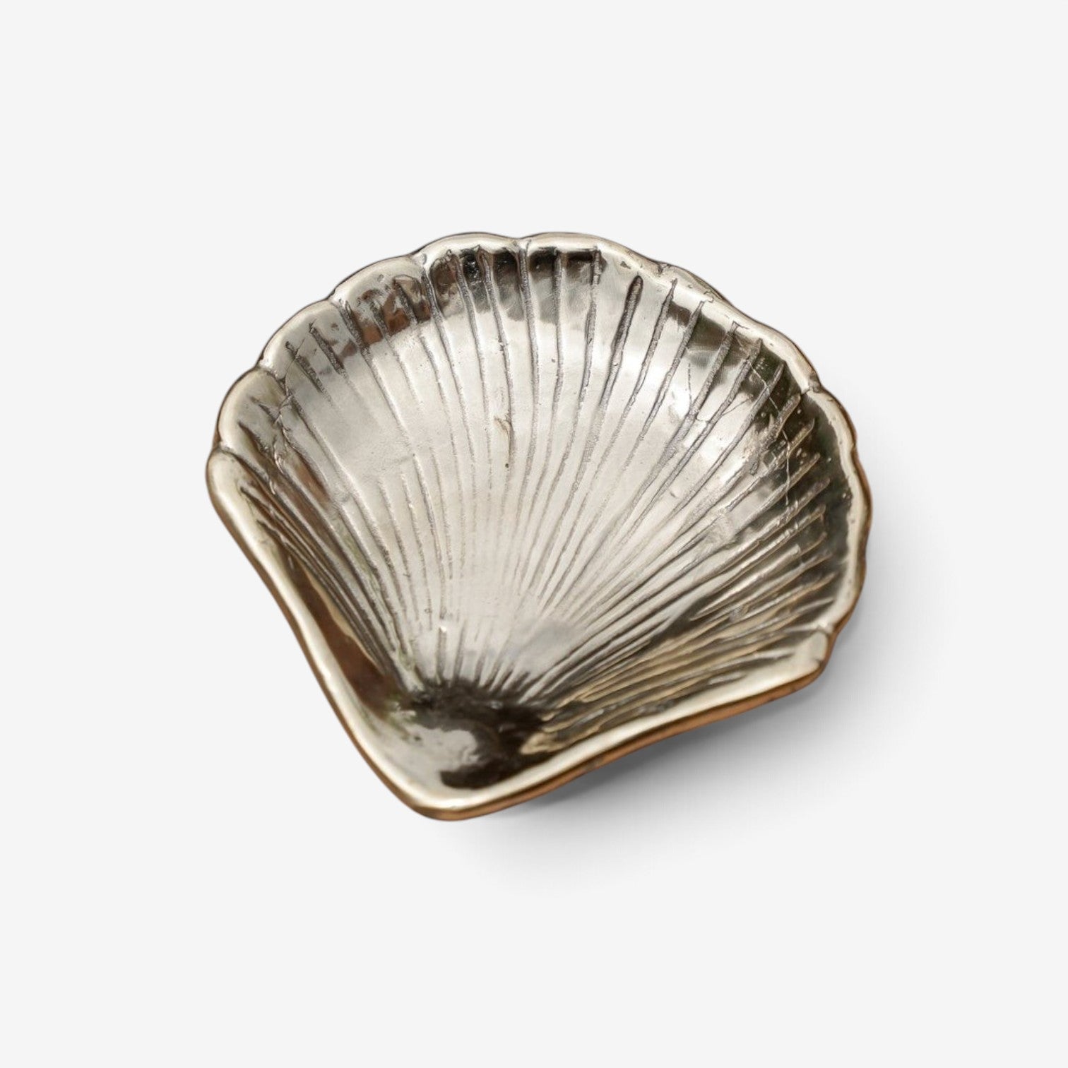 Kayu Living handmade gold brass shell dish for jewelry or keys with intricate ribbed texture