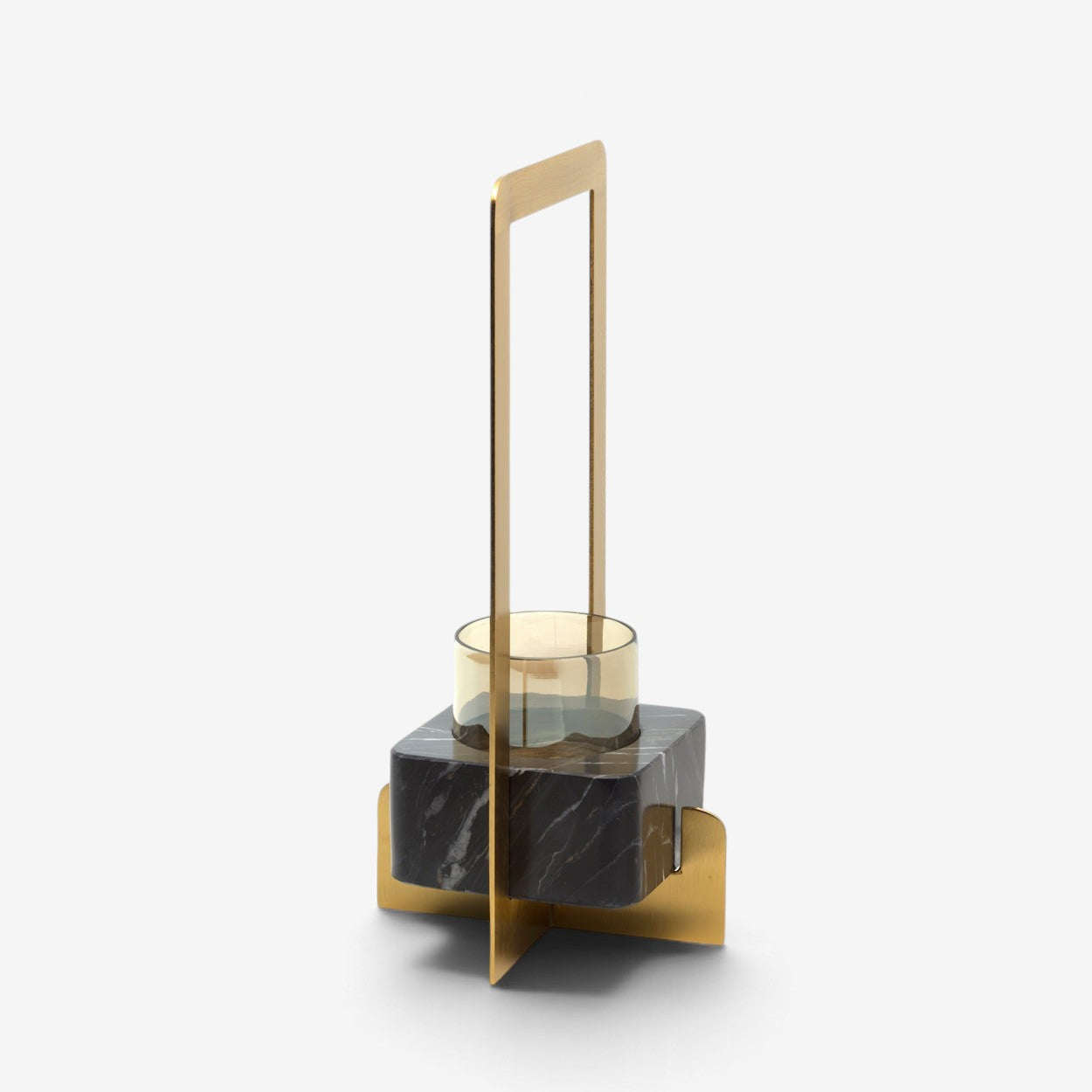 Kayu Living Golden Marble Candle Holder featuring a black marble base, brass-gold frame, and clear glass votive.