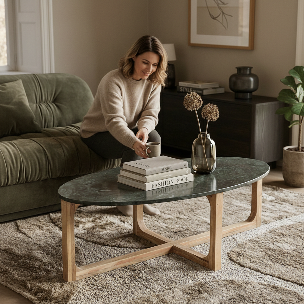 Kayu Living oval coffee table with a green marble top and sustainable mango wood base in a cozy living room setting.