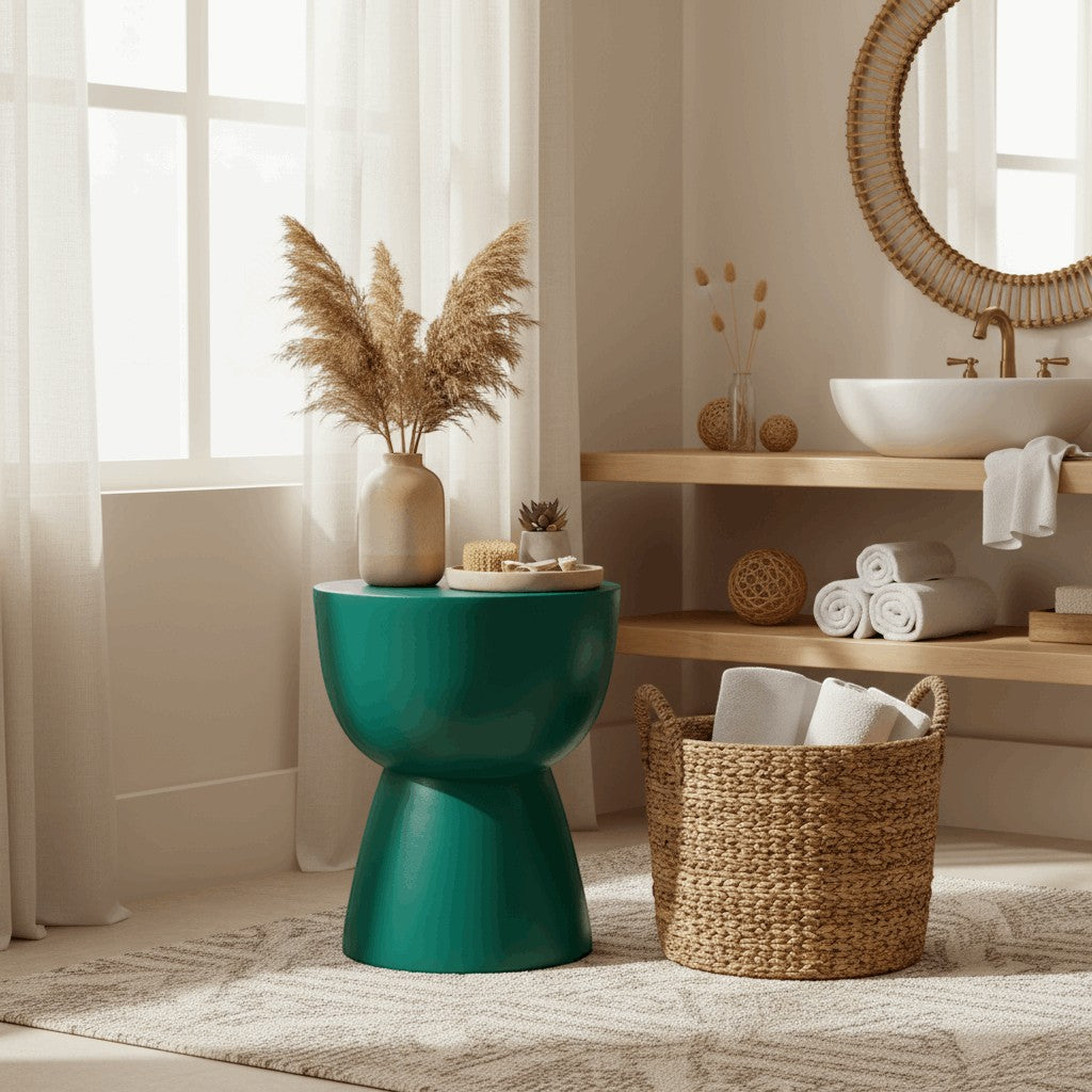 Kayu Living green half cupped Ubud stool made from suar wood, modern minimalist design.