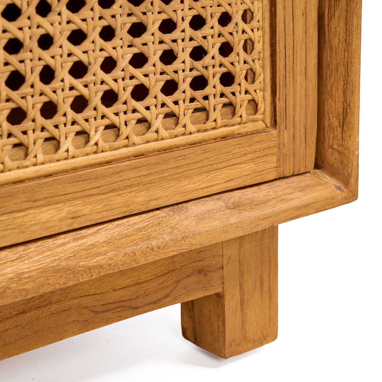 Kayu Living Harmony nightstand featuring natural solid teak wood frame and intricate handwoven rattan drawer detail.
