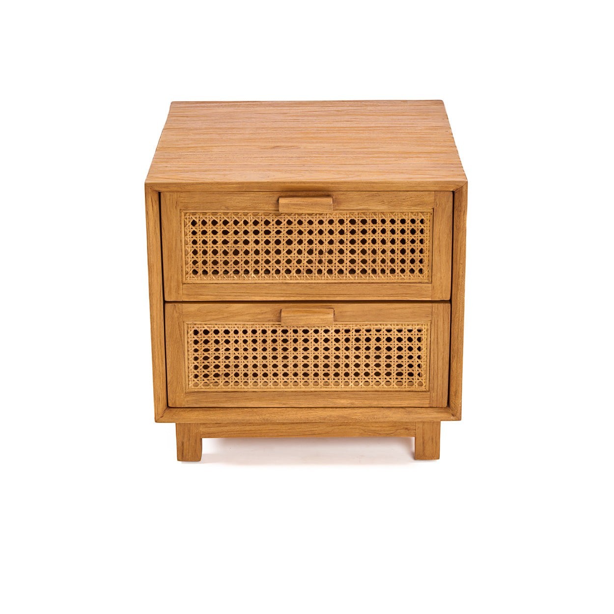 Kayu Living Harmony nightstand in solid teak wood with two drawers featuring handwoven rattan cane detailing.