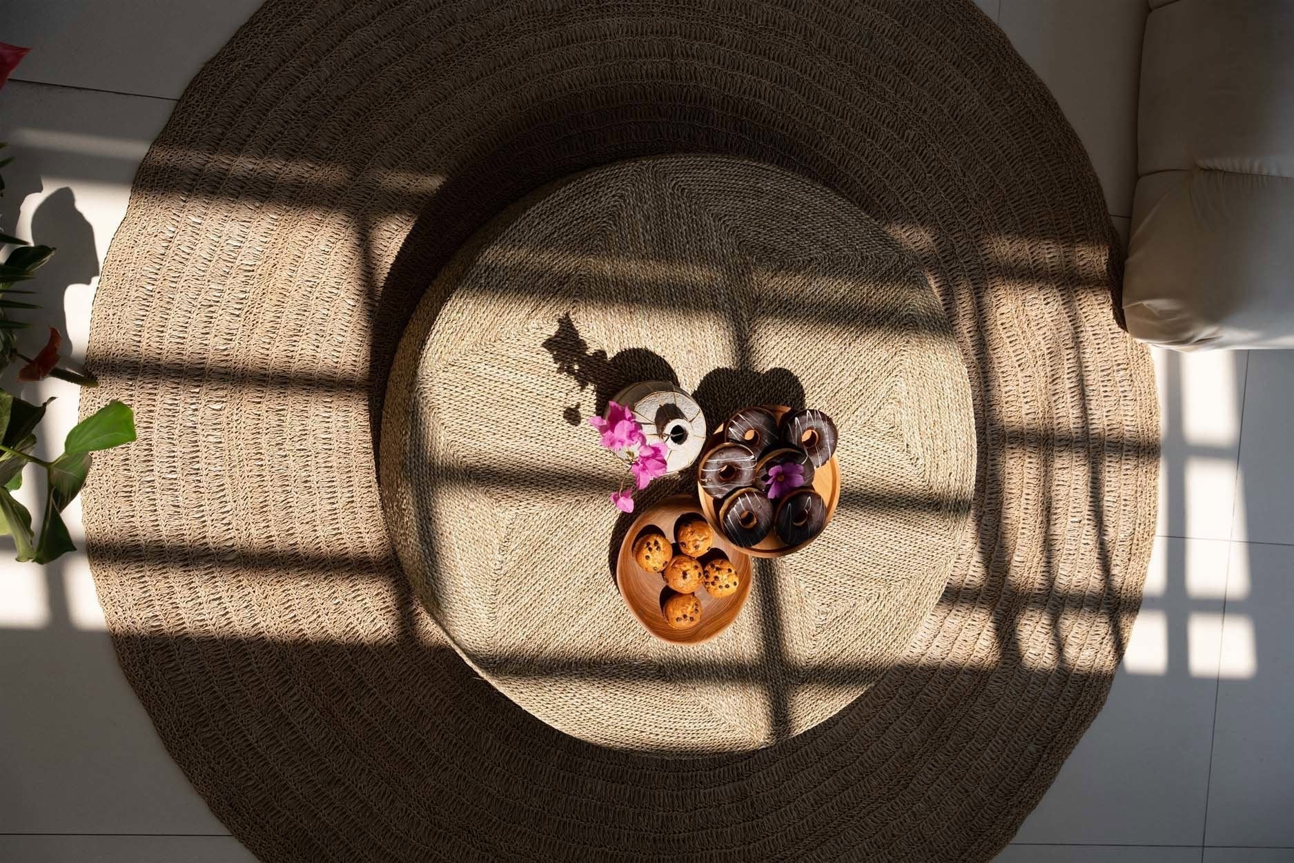 Kayu Living The Huge Pouf, a 100cm round handcrafted seagrass floor cushion with a textured woven natural finish.
