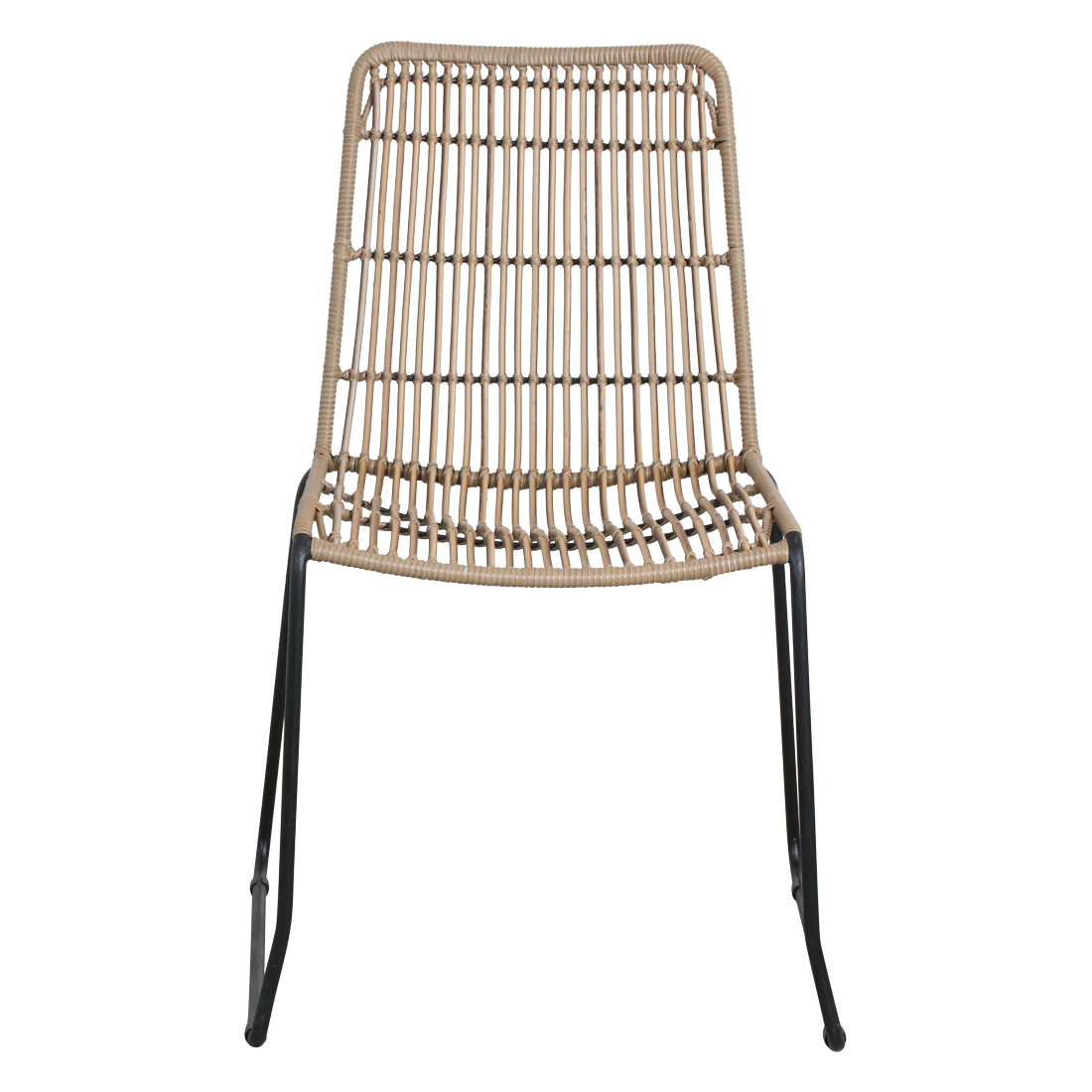 Kayu Living Jane natural synthetic rattan garden chair with a sturdy black metal frame, front view.