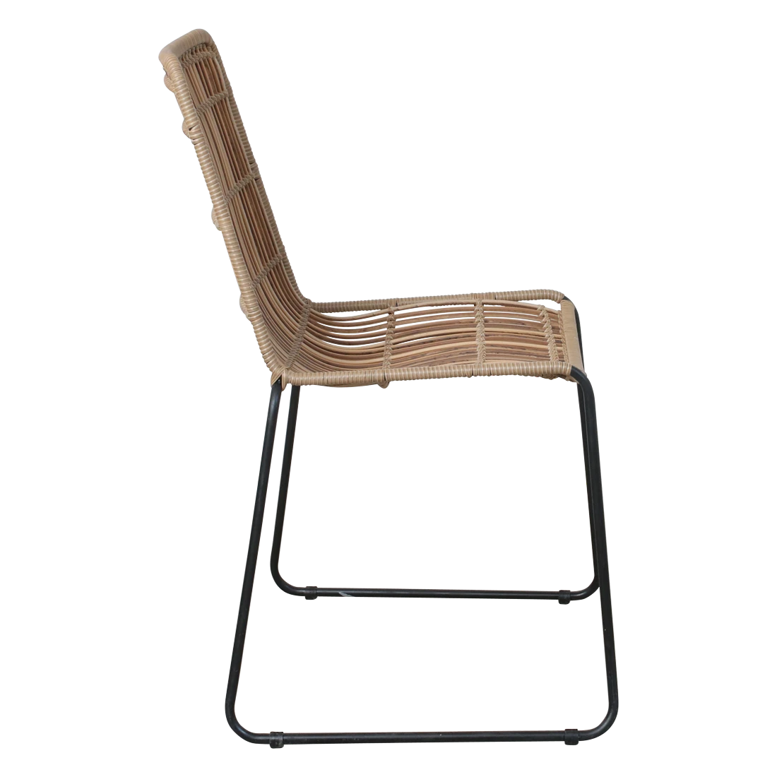 Kayu Living Jane natural synthetic rattan garden chair with a black metal frame, side view