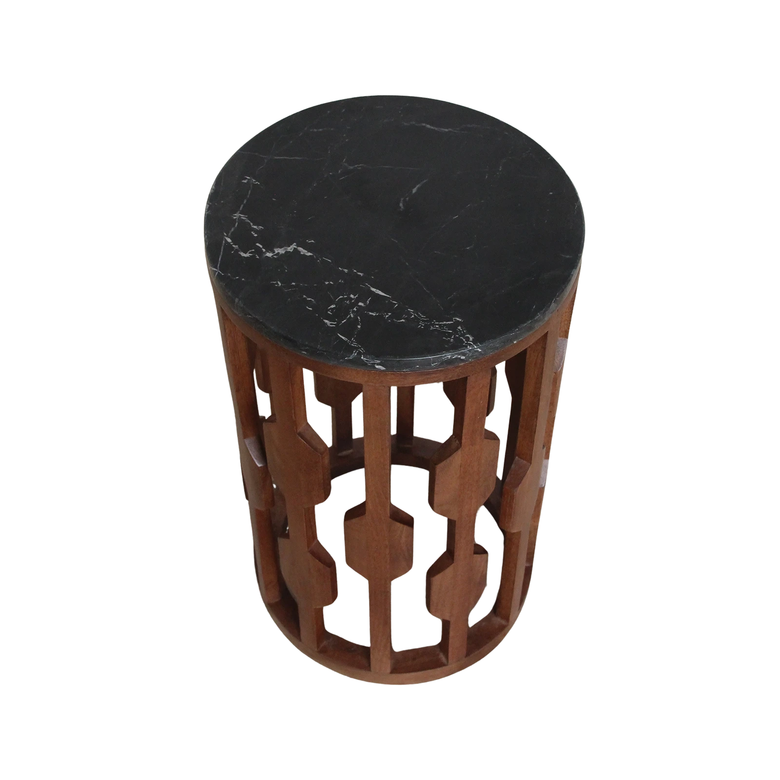 Kayu Living Lampung round side table with a black marble top and a dark mango wood geometric base.