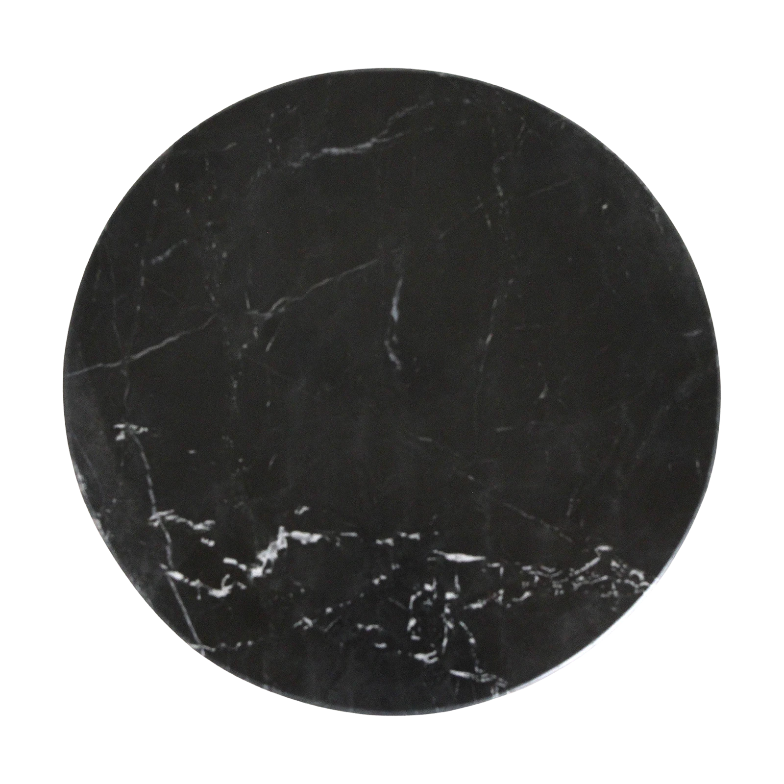 Kayu Living Lampung round black marble side table top with unique white veining, viewed from directly above.
