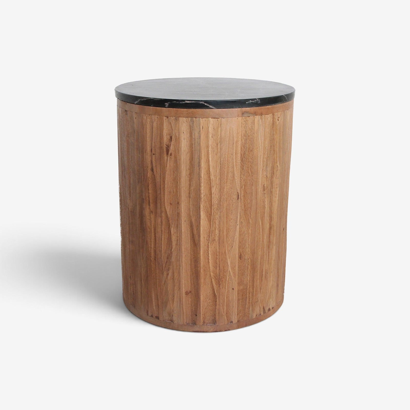Kayu Living Langkawi side table with a round black marble top and a cylindrical fluted mango wood base