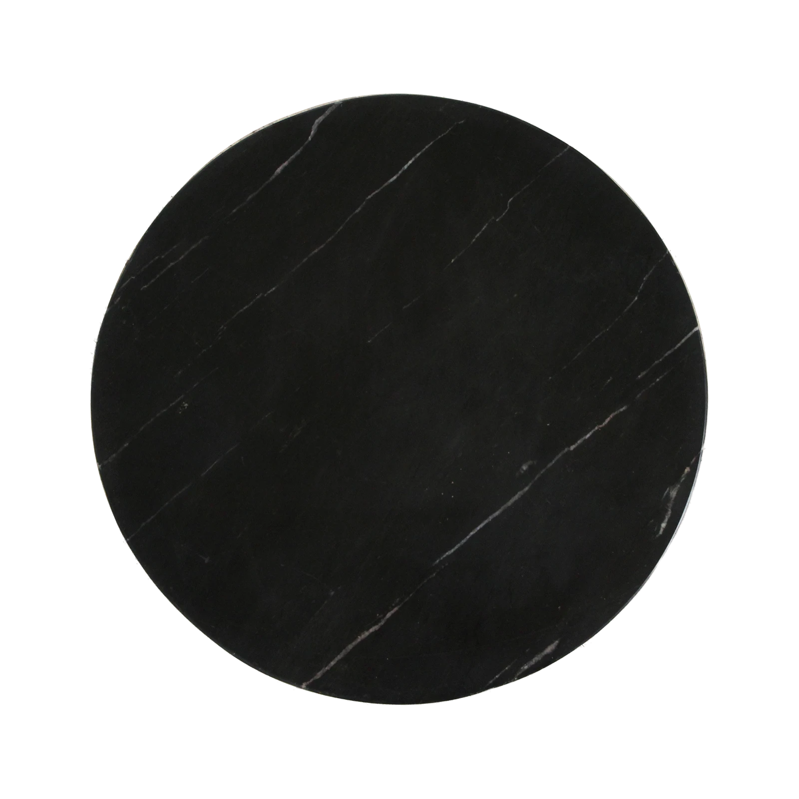 Kayu Living Langkawi side table featuring a round black marble top with subtle white veining, top-down view.