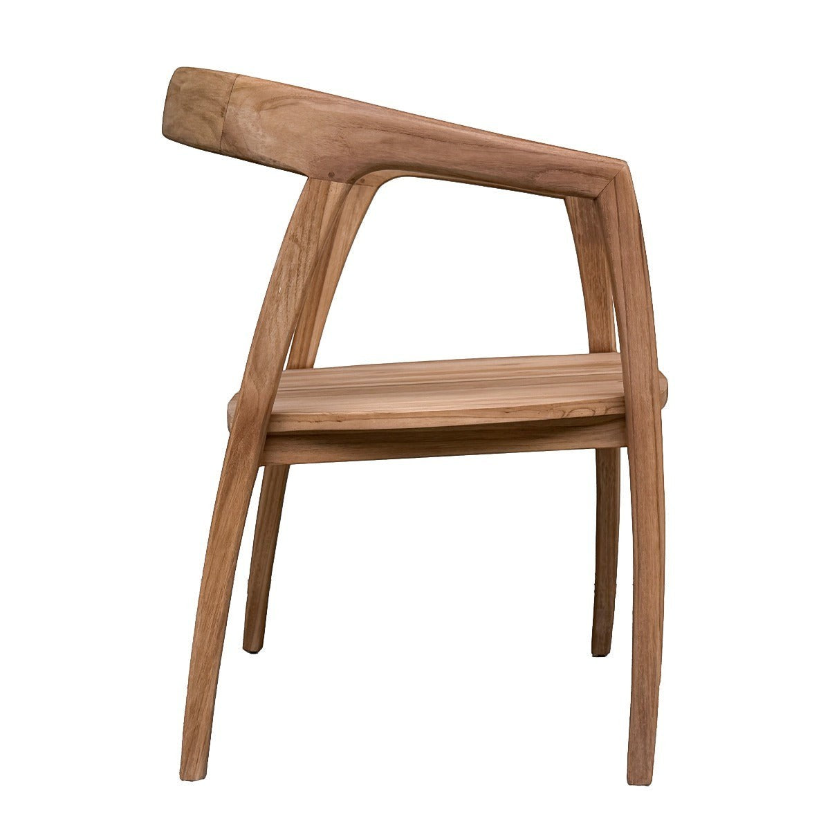 Kayu Living Lenzo dining chair in natural teak wood with a curved backrest and armrests, side view.