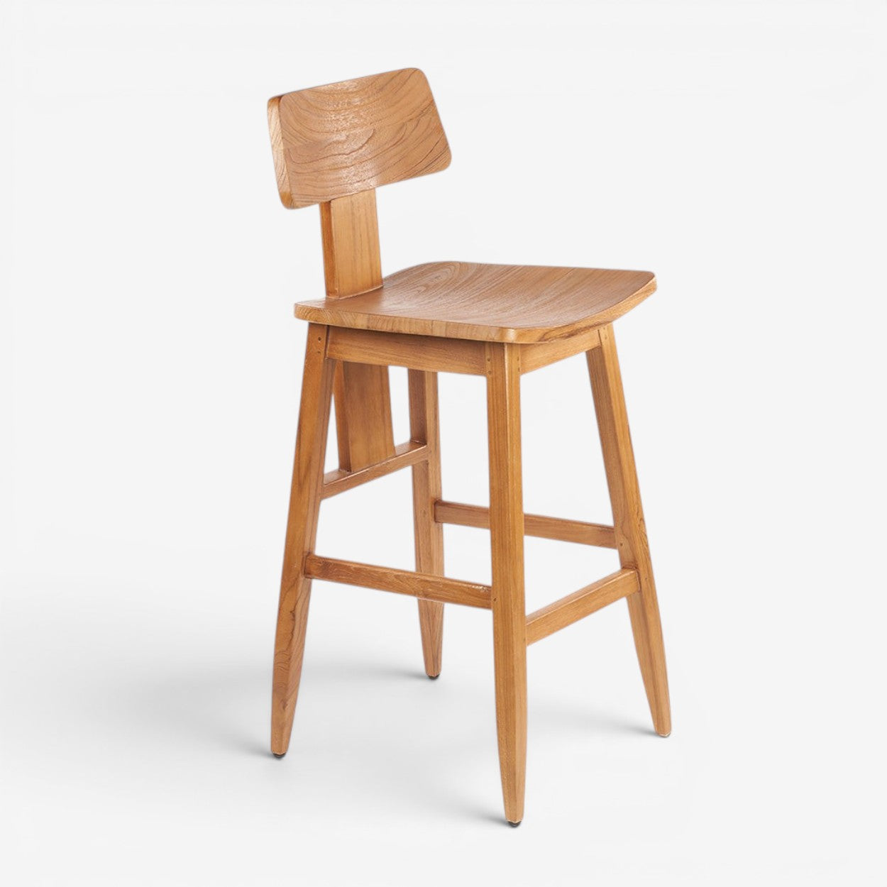 Kayu Living LovYa barstool made of natural Indonesian teak wood with a modern minimalist design and contoured seat.