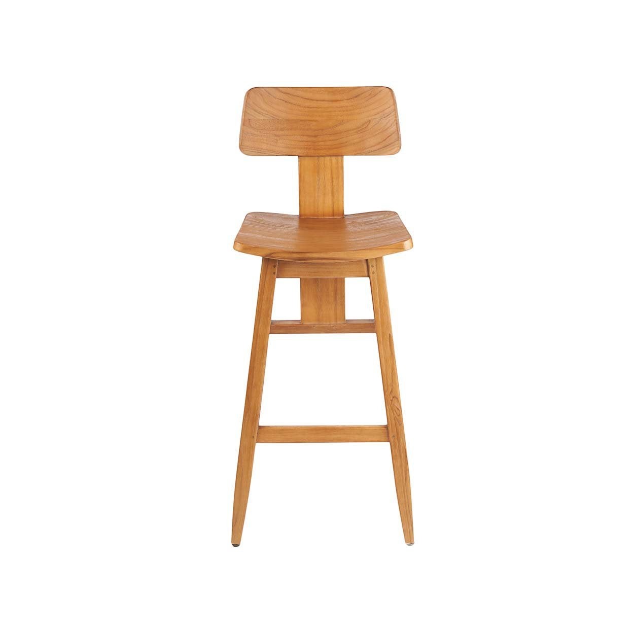Kayu Living The LovYa barstool in natural Indonesian teak wood with a modern minimalist design and contoured seat.
