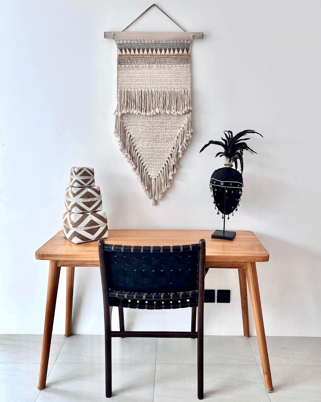 Kayu Living macrame wall hanging with beads and shells, 100x55 cm, featuring fringe and bohemian design.