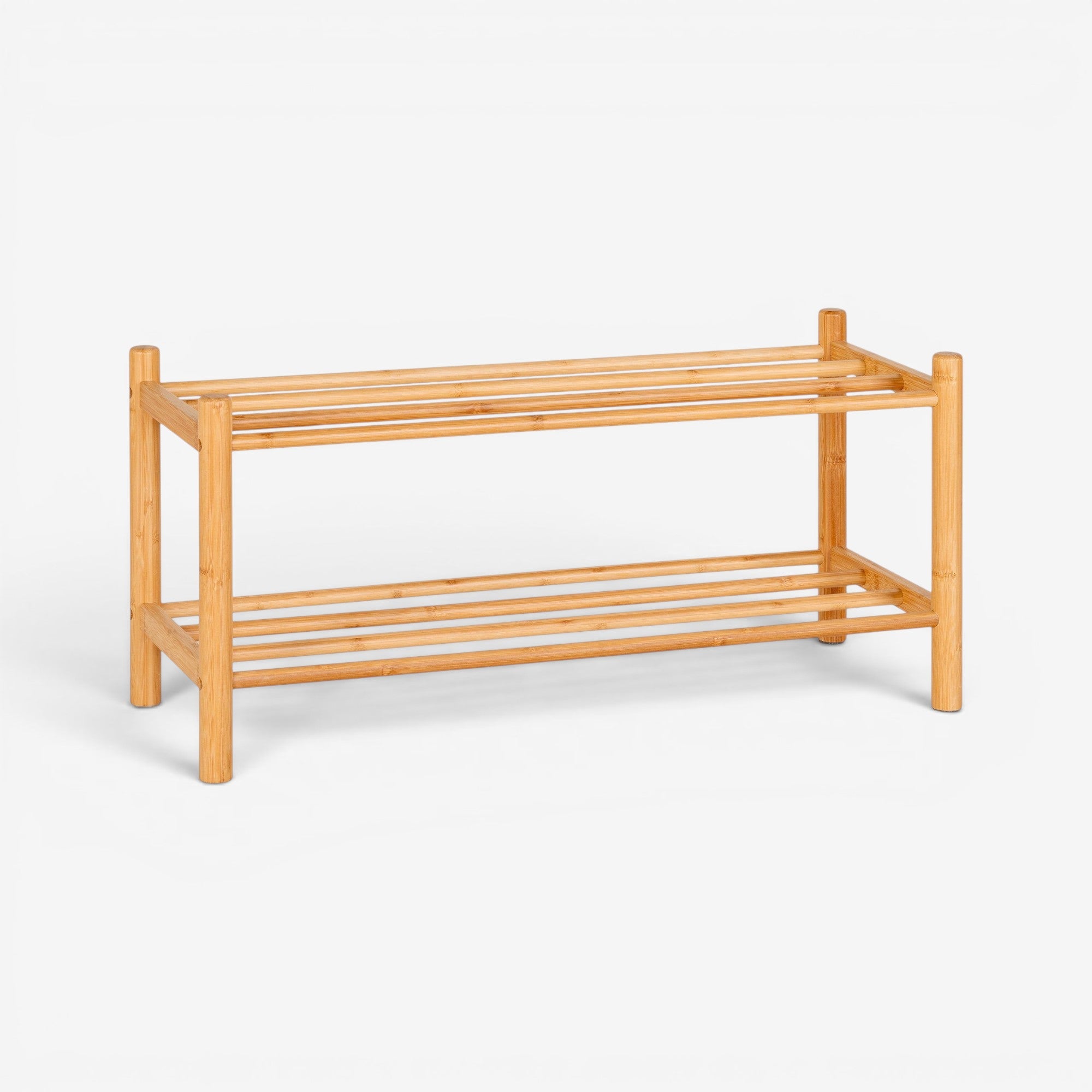 Kayu Living Manaus natural bamboo 2-tier shoe rack for entryway or closet organization.