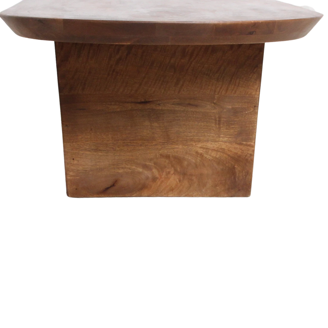 Kayu Living brown reclaimed mango wood coffee table with a bullnose edge and solid pedestal base.