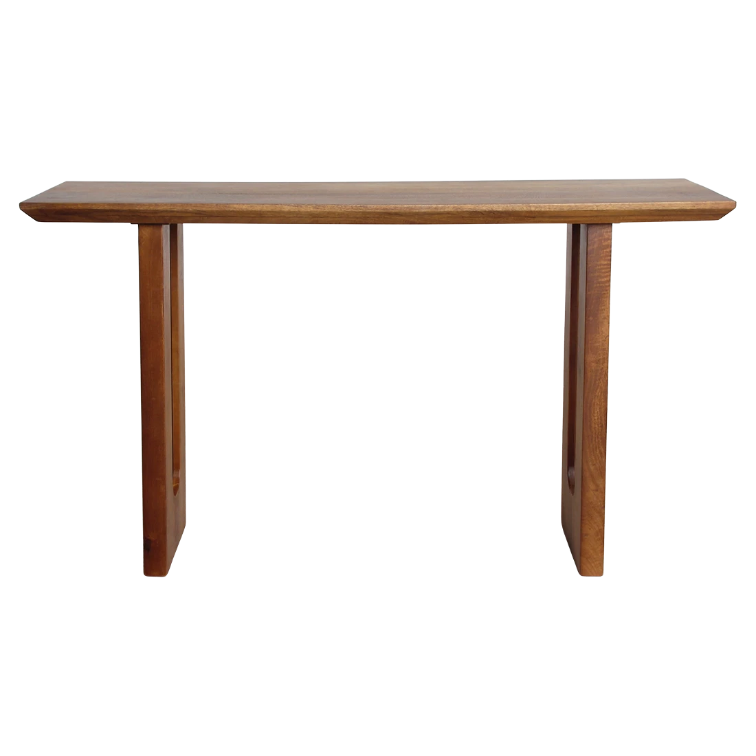 Kayu Living solid mango wood console table with elegant bullnose chamfered edges and natural wood grain finish.