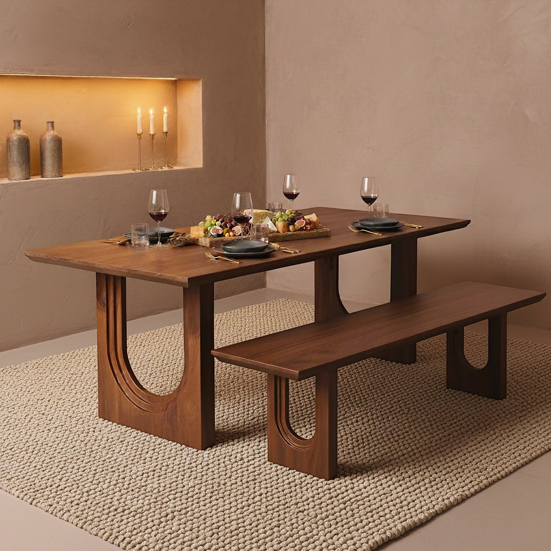 Kayu Living 240cm bullnose chamfered mango wood dining table and matching bench in a warm, minimalist dining room.