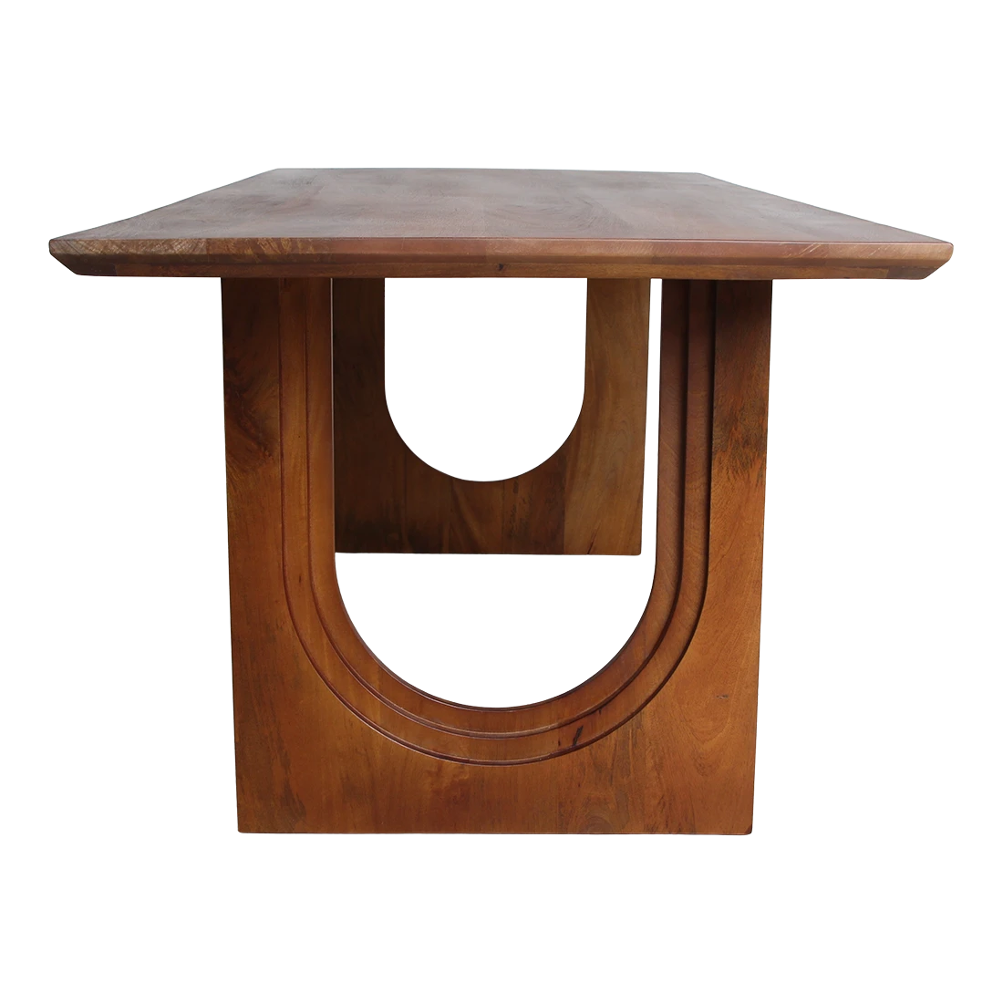 Kayu Living 240cm mango wood dining table with bullnose chamfered edges and a unique architectural U-shaped base.