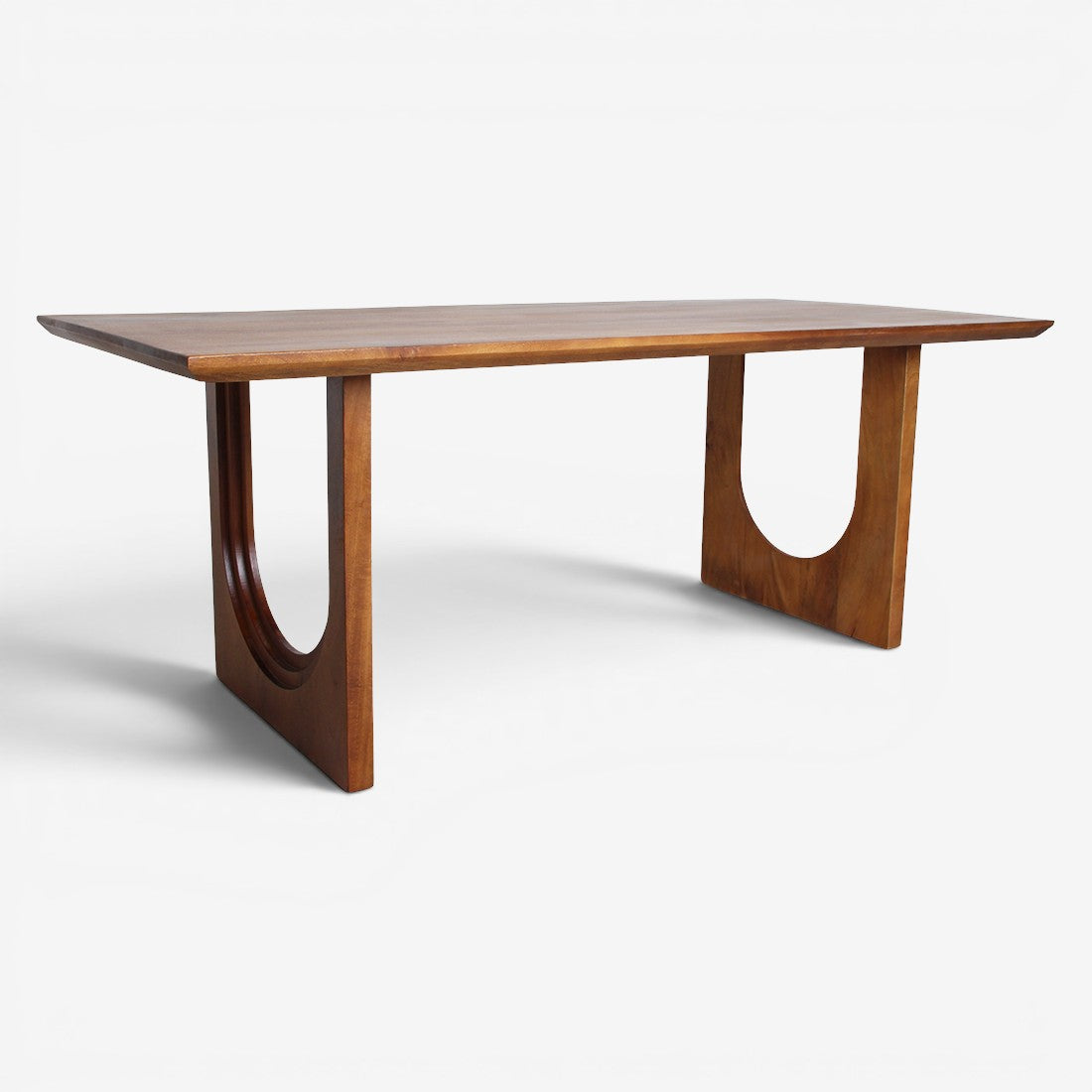 Kayu Living 240cm bullnose chamfered dining table made from natural mango wood with unique U-shaped pedestal base.