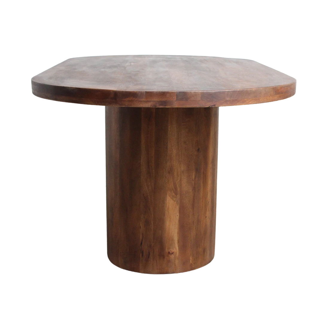 Kayu Living bullnose oblong oval dining table in solid mango wood with a sturdy central pedestal base.