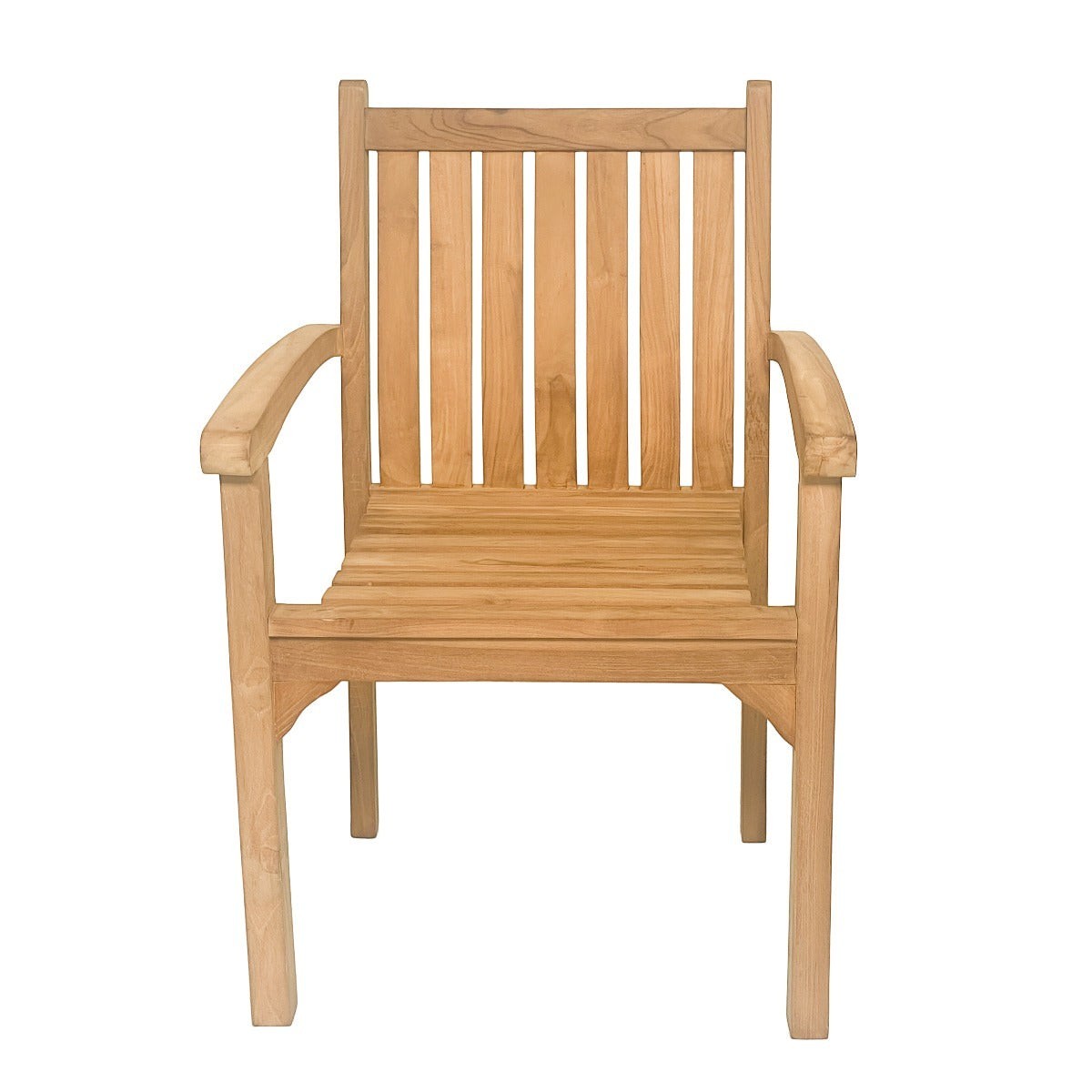 Kayu Living Marco teak wood outdoor armchair with a slatted backrest and armrests, front view.