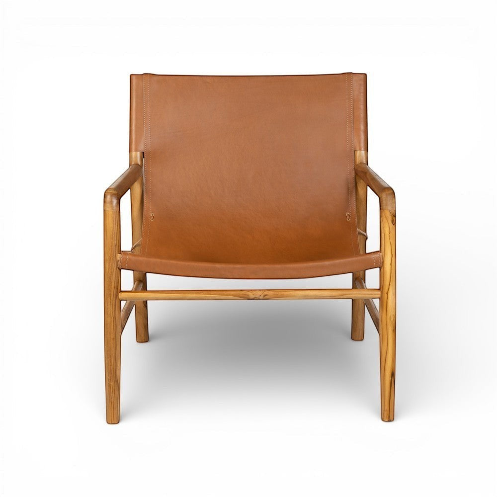 Kayu Living Marita armchair in cognac leather and teak wood frame. Modern lounge chair with a minimalist design.