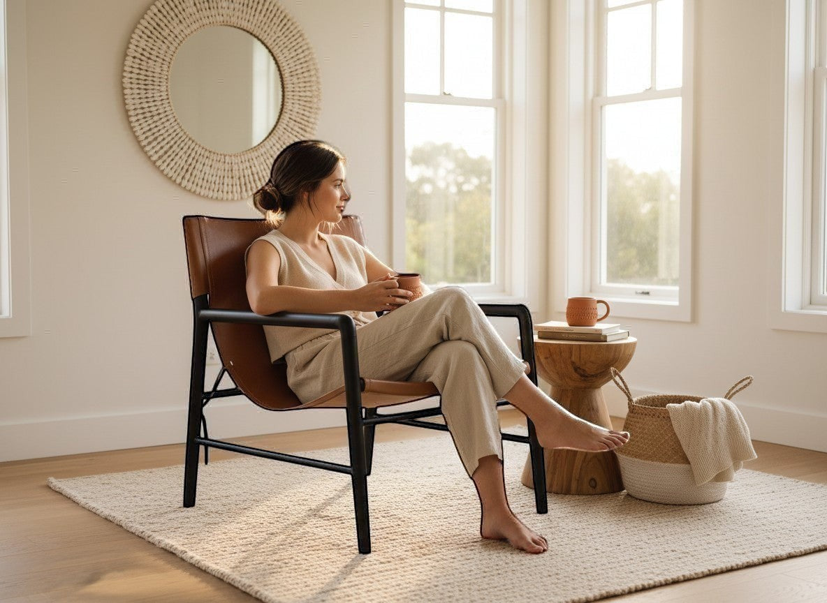 Kayu Living Marita lounge chair in dark brown leather and teak with black frame, perfect for modern interiors.