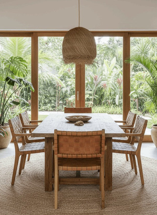 Kayu Living handwoven mendong grass pendant lamp with a natural, earthy texture and warm tone, perfect for dining or living spaces.