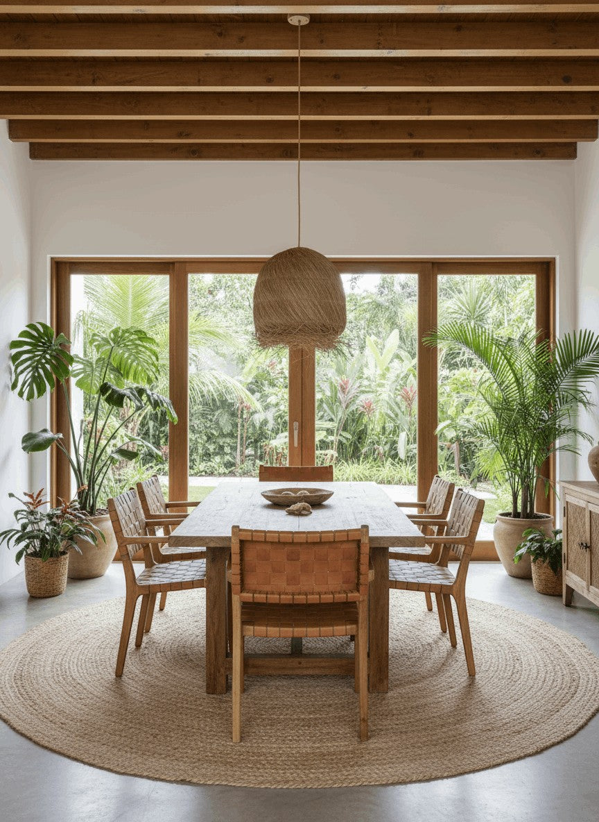 Kayu Living handwoven mendong grass pendant lamp with a natural, earthy texture and warm tone, perfect for dining or living spaces.