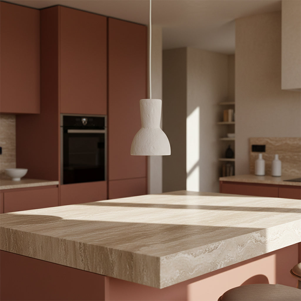 Kayu Living Moro chalk pendant lamp with a matte sand-colored finish hanging above a kitchen island
