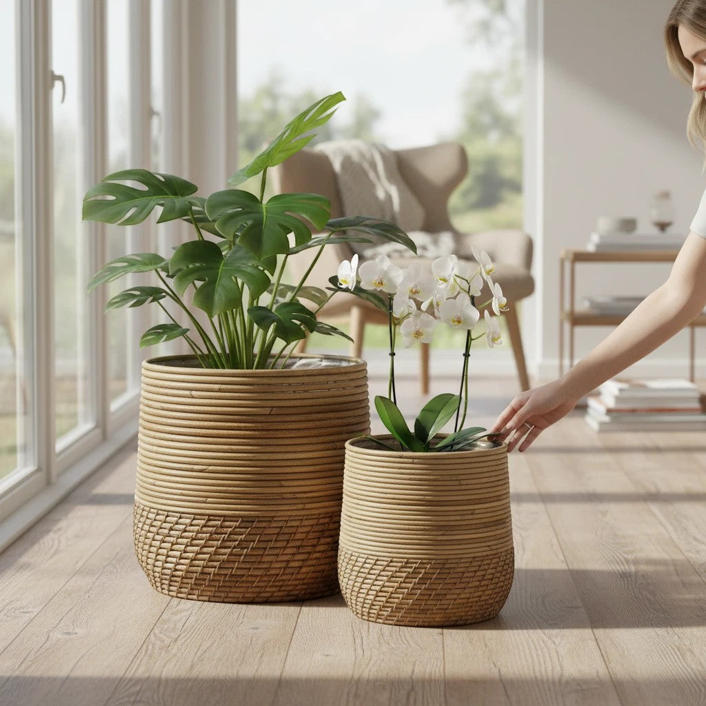 Kayu Living Moro set of two handcrafted natural Kubu rattan baskets holding a monstera plant and white orchids.