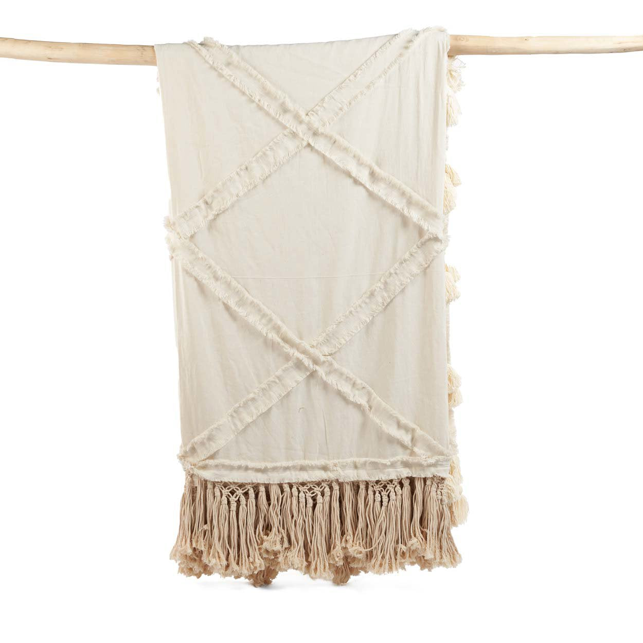 Kayu Living natural cotton Berber bed throw with diamond plaid pattern, frayed edges, and decorative fringe tassels.