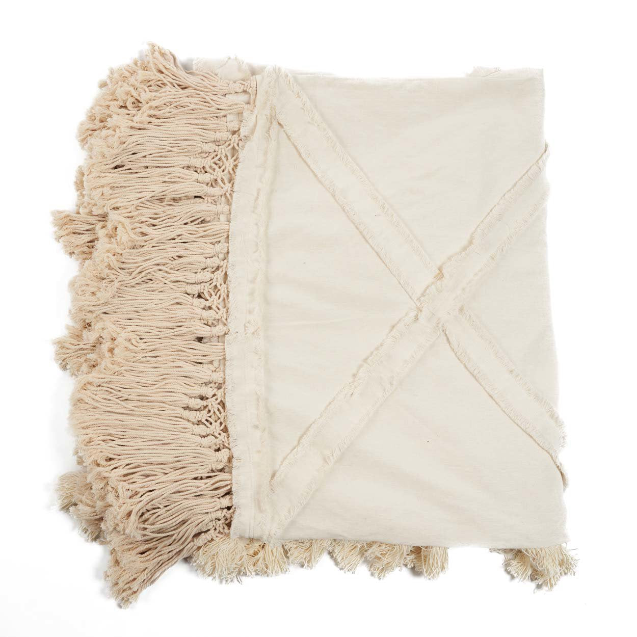 Kayu Living Berber Bed Throw in natural cotton with a soft plaid pattern and decorative fringe edges.