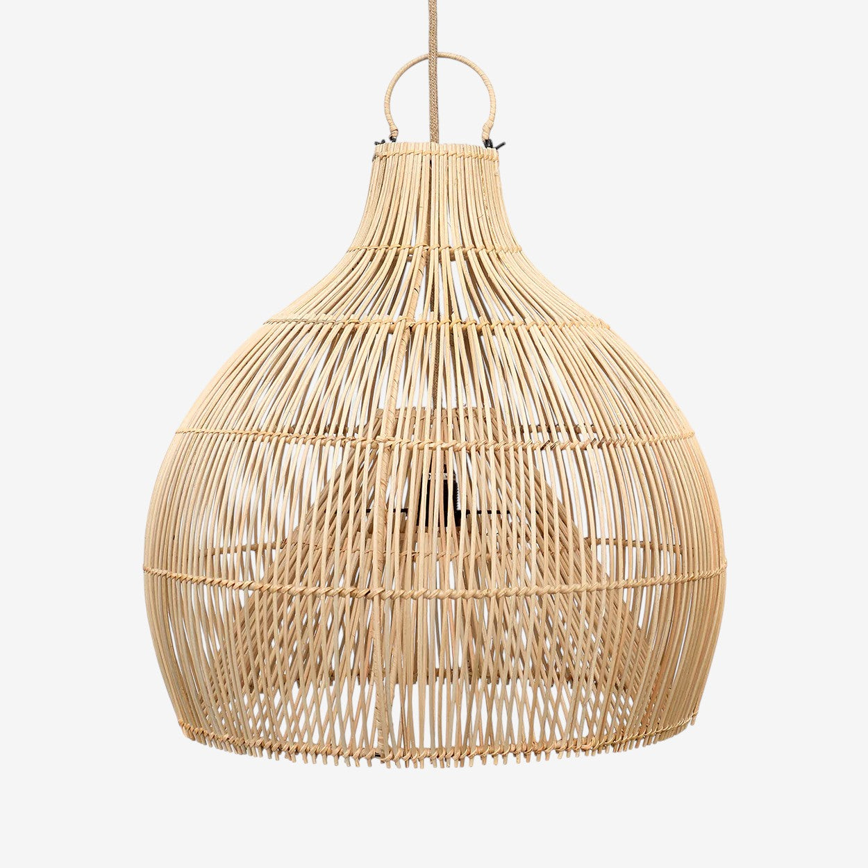 Kayu Living natural rattan pendant lamp with handwoven vase-inspired shape, coastal charm.