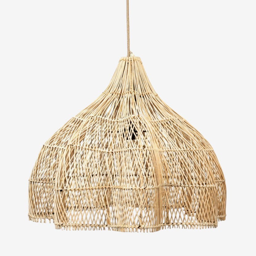 Kayu Living natural rattan pendant lamp with boho style and unique shape. Ideal for indoor or outdoor spaces.